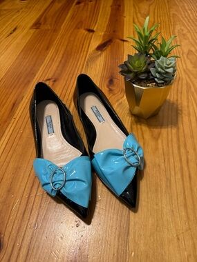 PRADA Shoes Flats Black Turquoise Ribbon Bow Leather Women’s US 7 Prada SIZE 37
